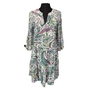 NEW Shana Apparel Paisley Tiered Dress‎ Size Med White Purple Green Bell Sleeve